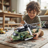 Child playing with Battery-Operated Military-Style Helicopter Toy on a colorful rug, showcasing its detailed design and features.