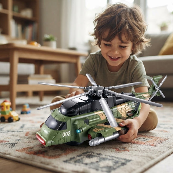 Child playing with Battery-Operated Military-Style Helicopter Toy on a colorful rug, showcasing its detailed design and features.