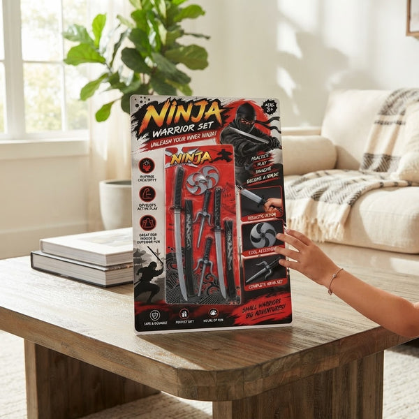 Pretend Play Ninja Warrior Toy Weapon Set displayed with accessories on a table, ideal for imaginative roleplay.