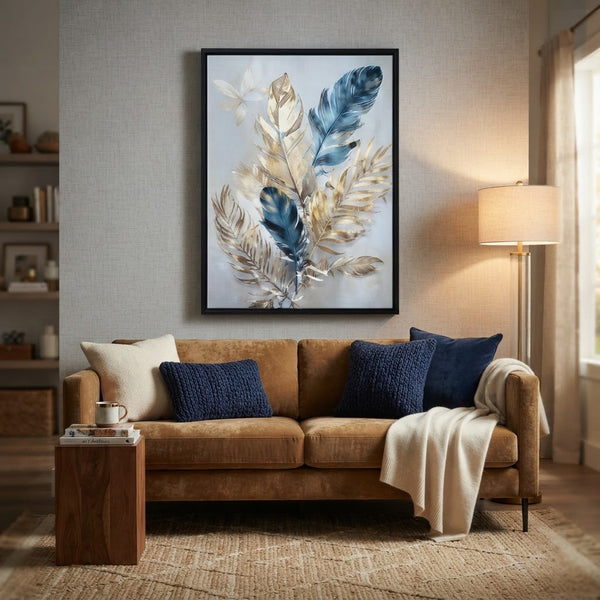 Elegant Feathers and Palm Fronds Abstract Art Piece displayed above a cozy couch in a stylish living room.