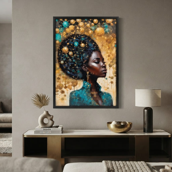 Framed Black Girl Magic Canvas Art Portrait showcasing a young Black woman in a teal top with gold accents.