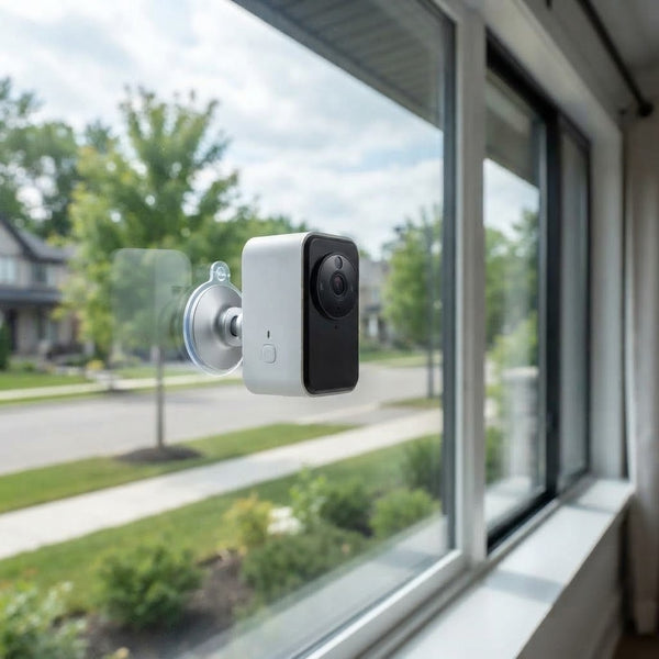 3MP 2K Wireless Window Security Camera mounted on a window for indoor-to-outdoor surveillance.