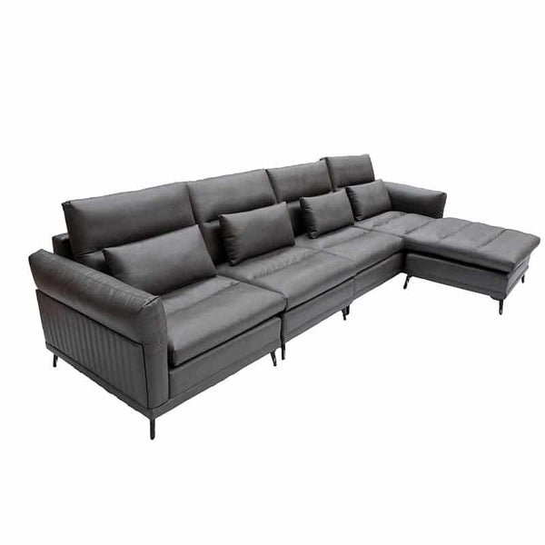 Modern L-Shaped Lounge Couch with Slim Metal Legs in sleek air leather upholstery.