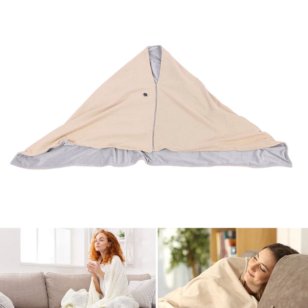 Portable Wearable Electric Heated Shawl Blanket in beige color, displaying its cozy shape and design for warmth.