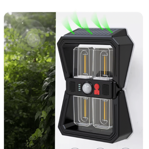 Solar Motion Wall Light mounted on a wall, featuring motion sensors and solar panels for outdoor lighting.