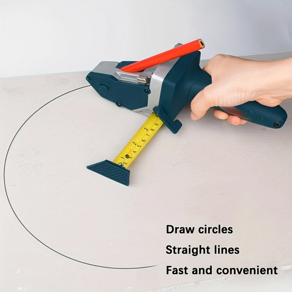 Professional Gypsum Board and Woodworking Cutting Tool in use for drawing circles and lines with measuring tape.