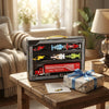 7-Piece Die-Cast Alloy Racing & Rescue Vehicle Gift Set displayed on a table with a gift and coffee.
