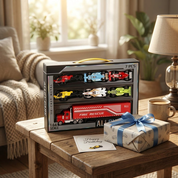 7-Piece Die-Cast Alloy Racing & Rescue Vehicle Gift Set displayed on a table with a gift and coffee.