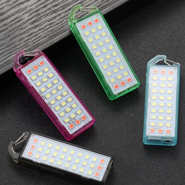 Mini Portable LED Keychain Flashlight variety of colors including pink, green, blue, and black on a dark surface.
