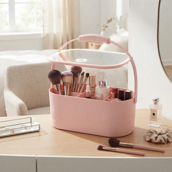 Portable Vanity Mirror Makeup Organizer Case with brushes and cosmetics in a light pink, modern design on a vanity table.