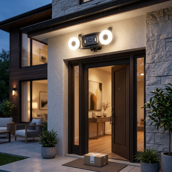 3-in-1 Smart Outdoor Floodlight Security Camera Unit installed at a home entrance with bright lights and a package.