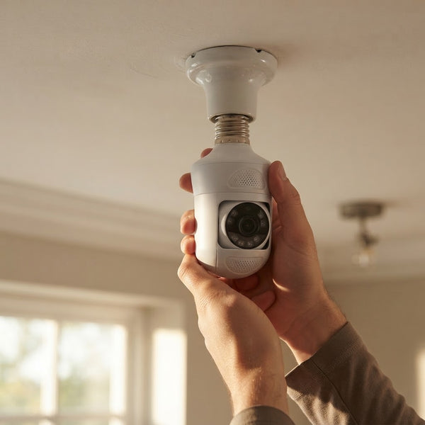 A person installing the Wireless Wi-Fi Light Bulb Security Camera in a ceiling socket.