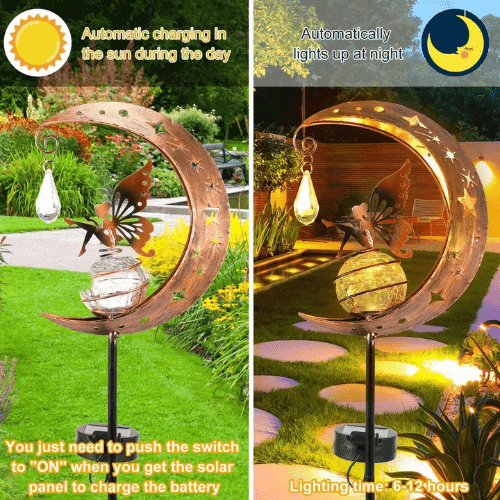 Angelic Solar Garden Light with Decorative Wind Chimes showing automatic charging and glowing at night.