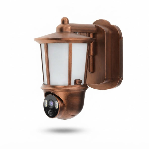 Solar Wall Light Security Camera Unit mounted on a wall, showcasing its stylish design and surveillance capabilities.