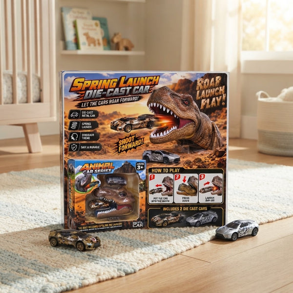 Dinosaur Launch Alloy Car Set featuring a dinosaur-themed box and die-cast cars for imaginative play and racing.
