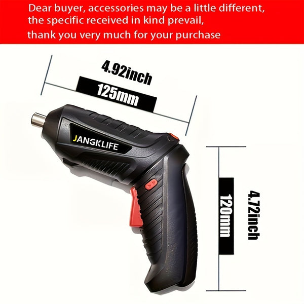 Image of 47pcs Compact Electric Screwdriver Kit showing size specifications and ergonomic design for household tasks.
