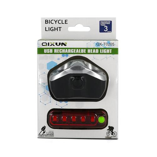 Packaging of USB Rechargeable Head Light showing bicycle light features and USB cable included.