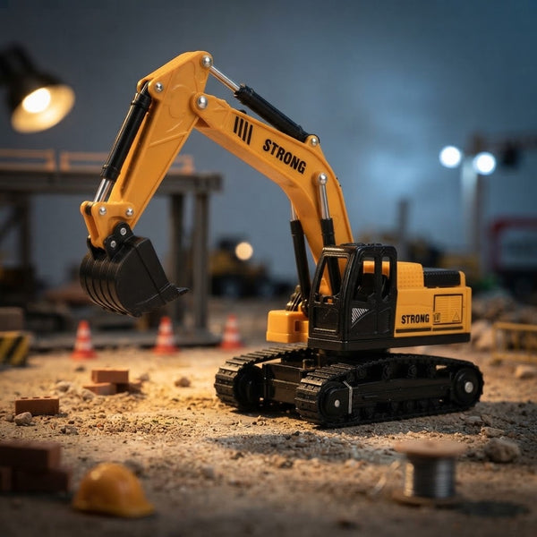 Engineering Excavator Toy with Movable Arm on a construction site with detailed tracks and a movable scoop.