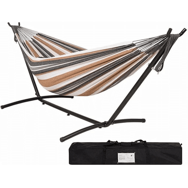 Portable Striped Hammock Swing Chair with stand and carrying bag for indoor and outdoor relaxation.