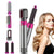 5 In 1 Electric Hot Air Brush Hair Dryer with multiple attachments and a model showcasing styled hair.