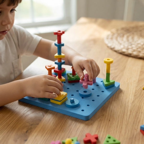 Child playing with the DIY Geometric Peg Board Set, creating colorful patterns and shapes with vibrant pieces.