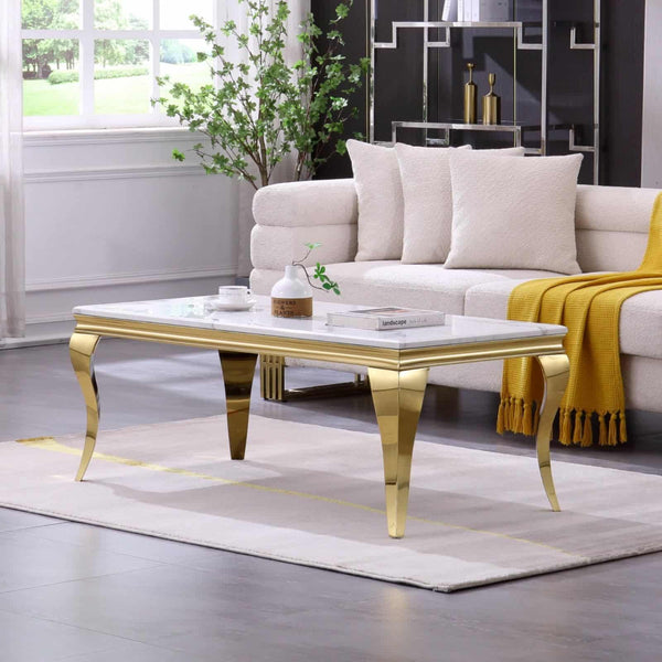 Sleek Modern Coffee Table with golden legs and marble top, perfect for minimalist living room decor.