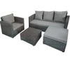 4 Piece PE Wicker Outdoor Patio Furniture in Grey set featuring sofa, armchair, ottoman, and coffee table.
