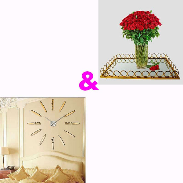Perfect Dealz 3D DIY Mirror Gold Surface Wall Clock Plus Gold Mirror Tray Large