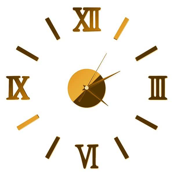 3D DIY Mirror Golden Surface Wall Clock Roman Numeral with gold accents and classic Roman numerals.