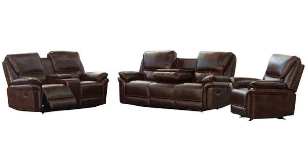 Modern Reclining Sofa with Air Leather Upholstery set featuring a loveseat, sofa, and armchair in dark brown leather.