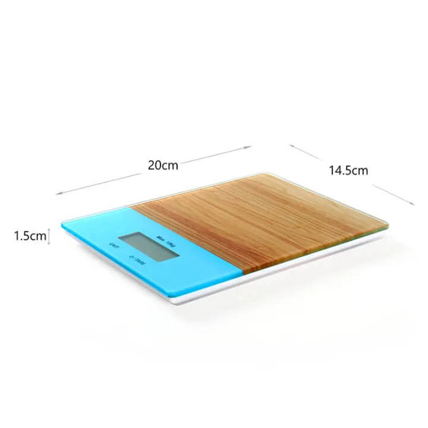 Digital Kitchen Scale with Tempered Glass with Bamboo Design displaying measurements and stylish surface.