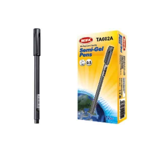Semi-Gel Ink Pen 0.5 Black 12 Pack featuring a pen and its packaging.