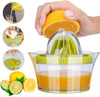 4 in 1 Multi-Function Manual Juicer extracting juice from an orange with various citrus fruits in view.