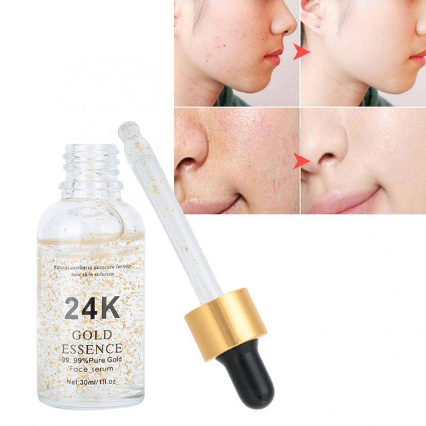 24K Gold Face Serum 30ml with dropper and before/after skin improvement images.