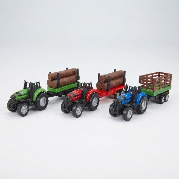 Farm Model Die-Cast Metal Series Toy Set featuring colorful tractors with logs and trailers.