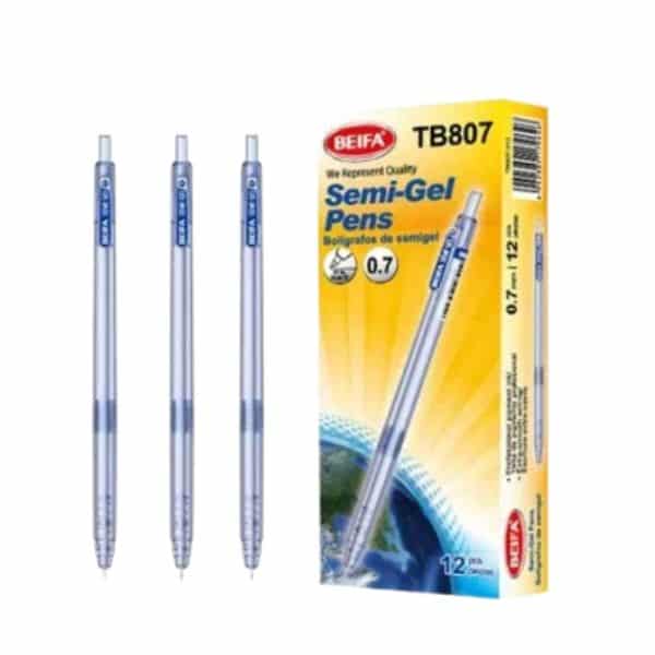 12 pcs Semi Gel Ink Pen 0.7mm Blue packaging with three pens visible, ideal for smooth writing and note-taking.
