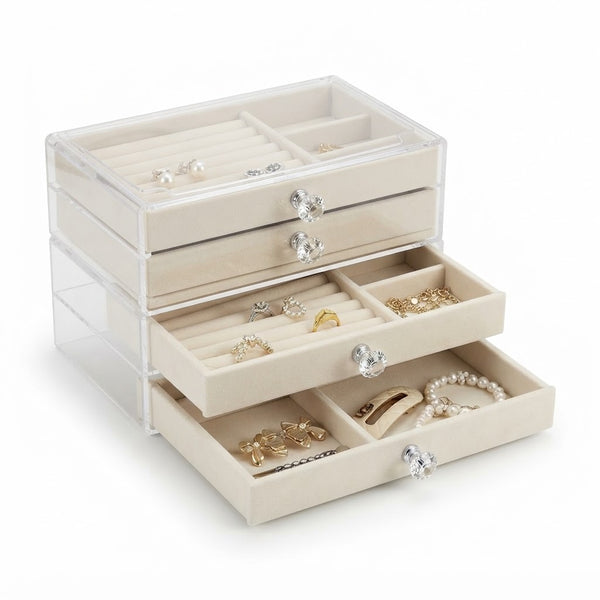 3-Tier Clear Acrylic Jewelry Box with Velvet Drawers showcasing organized jewelry in transparent compartments.