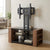 Modern Glass TV Stand with mount for flat-screen TVs and stylish wooden side shelves.