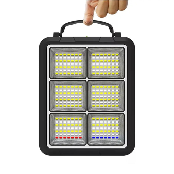 400W Portable Solar Rechargeable LED Flood Light with handle for easy portability and outdoor use.