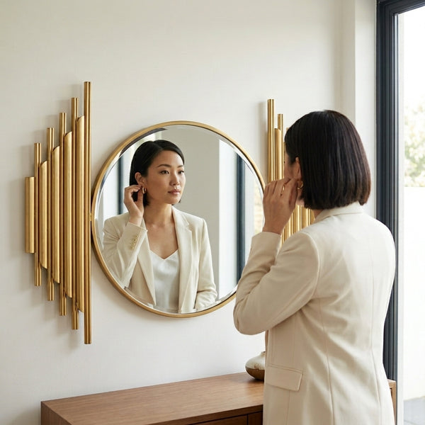 Woman in a white blazer admiring her reflection in a Luxury Oval Wall Mirror with decorative gold accents.