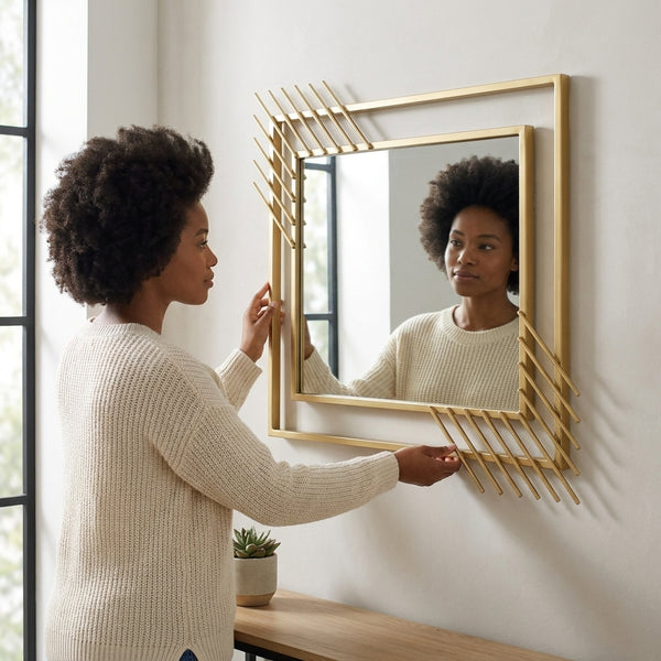 Woman adjusting the Modern Geometric Decorative Wall Mirror with a stylish multi-paneled design.