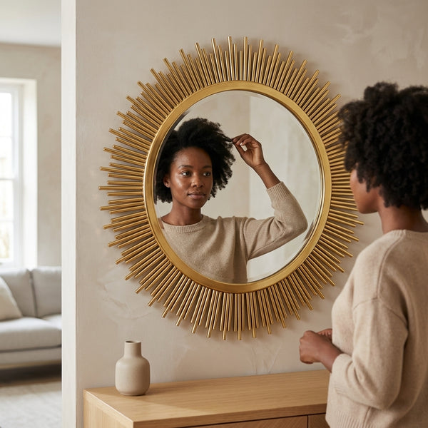A woman admiring herself in the Sunburst Decorative Round Wall Mirror with a stylish gold frame.
