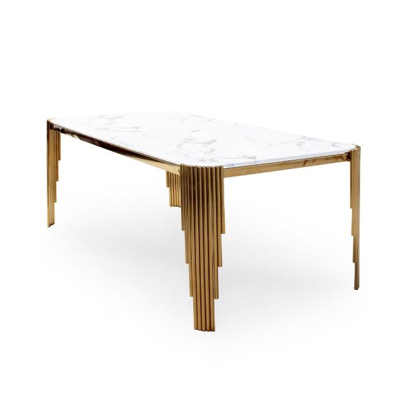 Mirren Luxury Marble Dining Table with polished marble top and metallic legs for modern elegance.