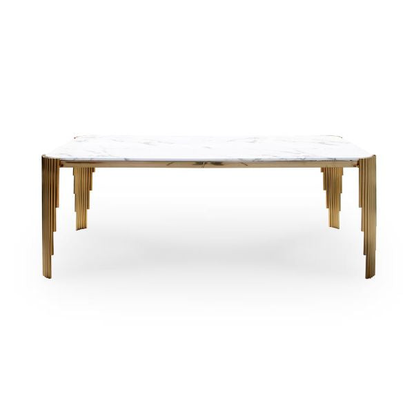Mirren Luxury Marble Dining Table featuring a sleek white marble top and striking metallic legs for modern elegance.