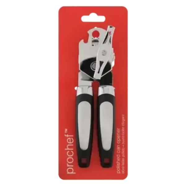 Heavy-Duty Polished Stainless Steel Manual Can Opener in packaging, showcasing the sleek design and comfortable grip.