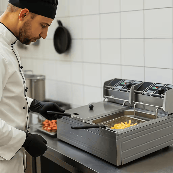 Chef using the 6.0L Stainless Steel Double Electric Deep Fryer to prepare crispy fries.