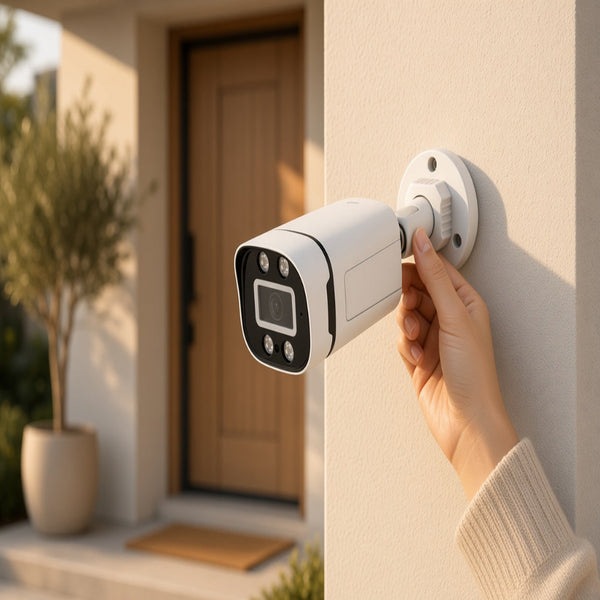 5MP Full-Color Bullet Security Camera mounted on a wall, capturing outdoor surveillance with high-definition clarity.
