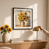 50x50 Sunflower Canvas Wall Art displayed with fresh sunflowers on a modern wooden table, enhancing a cozy room's ambiance.