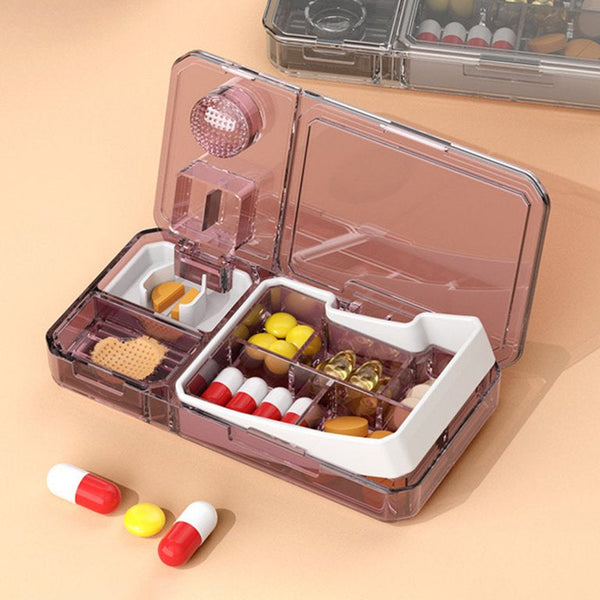 Portable Pill Organiser with compartments for pills and supplements, practical for home and travel use.