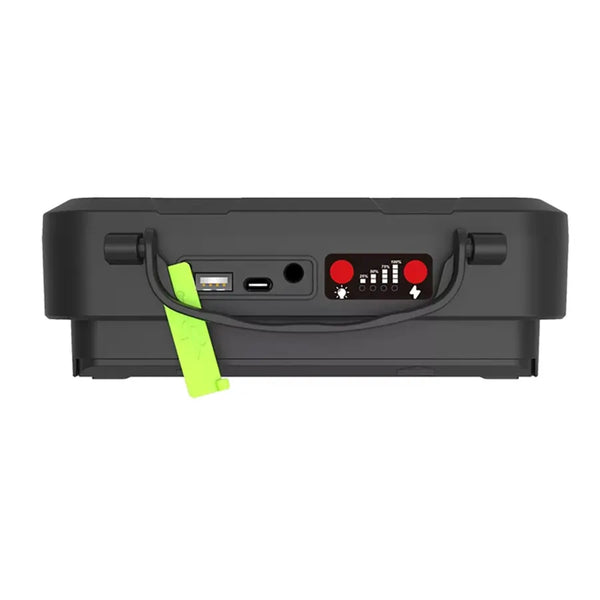 Back view of the 400W Portable Solar Rechargeable LED Flood Light showing USB, ports, and controls.